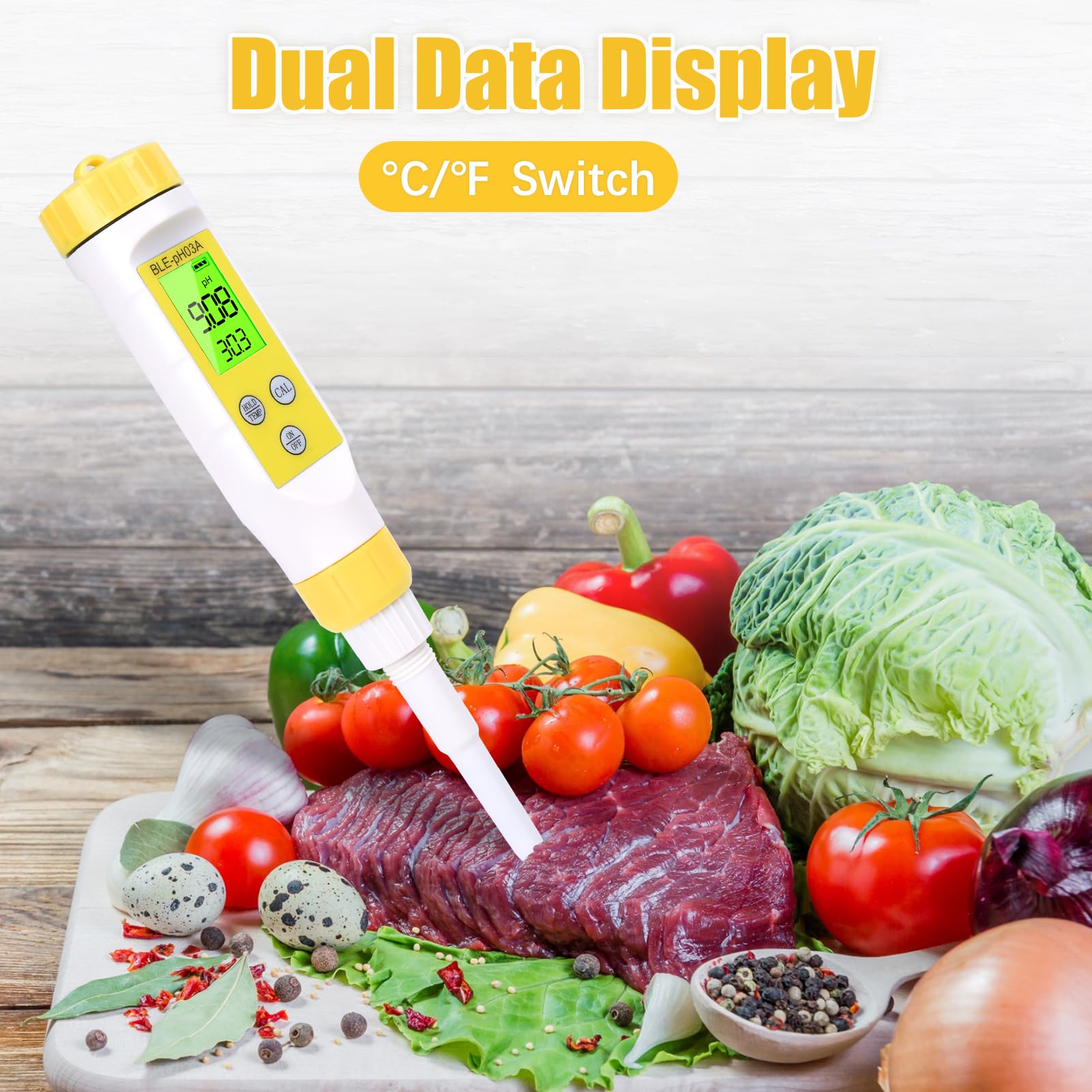pH Mètre Alimentaire, Testeur pH Numérique à ponction pH Meter Biere de Haute précision avec écran LCD rétroéclairé et ATC pour Aliments, sols Semi-Solides, Mous et Eau