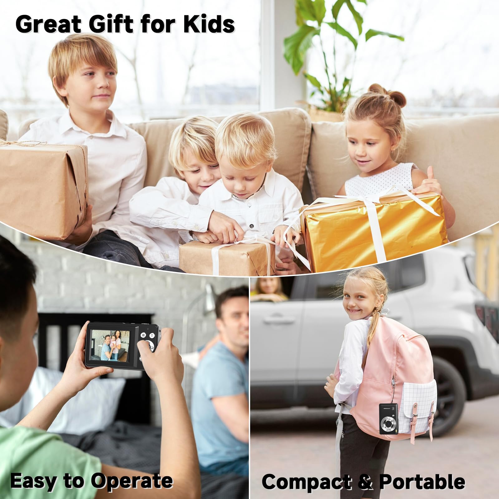 Cámara digital, cámara digital FHD 1080P para niños, cámara digital vintage con zoom de 16X, detección facial, captura de sonrisa, antivibración, cámara compacta de apuntar y disparar, cámara pequeña