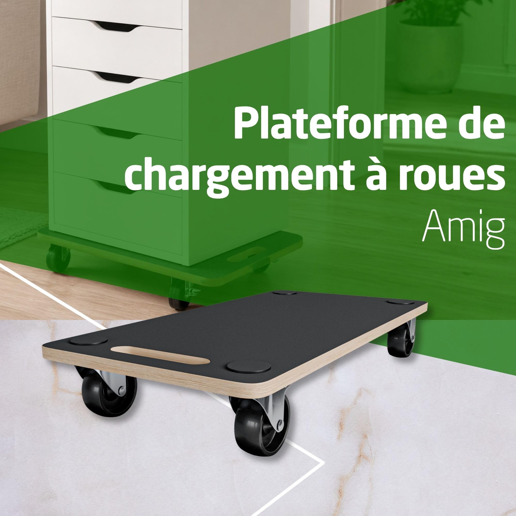 Amig - Plateforme de Charge avec Roues | Support Roulant Rectangulaire | 4 Tapis antidérapants | 58 x 29 cm | Charge Max.: 200 kg | 4 Roues: 2 avec Frein | MDF | Certifié FSC | Noir