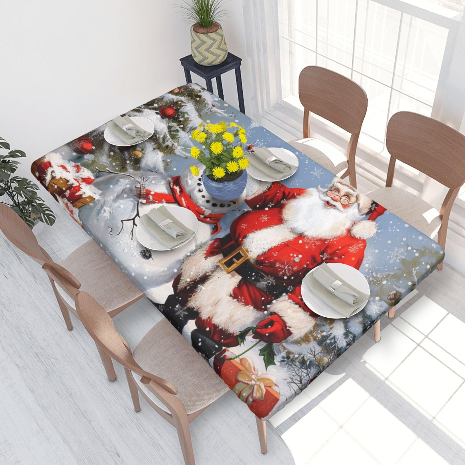 DCARSETCV Santa Claus and Snowman Printed 4FT Waterproof Tablecloth with Elastic Edged Protect & Decor Your Table, Oil-proof Washable Table Cloth Cover for Dinner Picnic Party