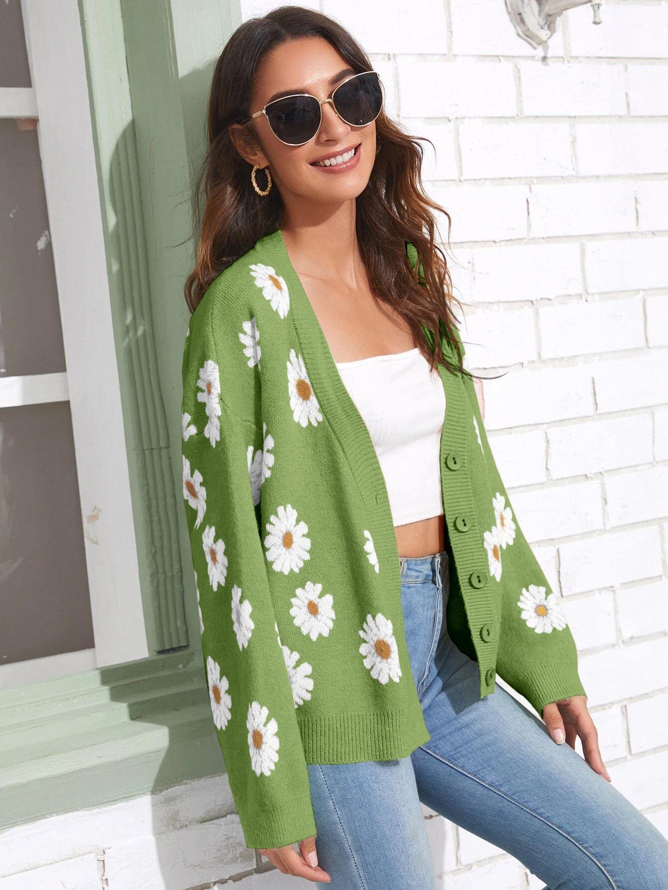 Women's Floral Print Cardigan Long Sleeve Open Front Button Down V Neck Knitted Sweaters