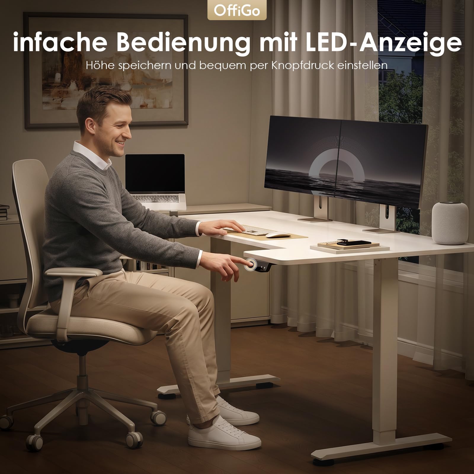 OffiGo U-förmiges Höhenverstellbarer Schreibtisch, 140 x70 cm, Elektrischer Steh-Sitz Tisch, Standing Desk, Home Office Computertisch, Memory Funktion, Leiser Motor, Weiß