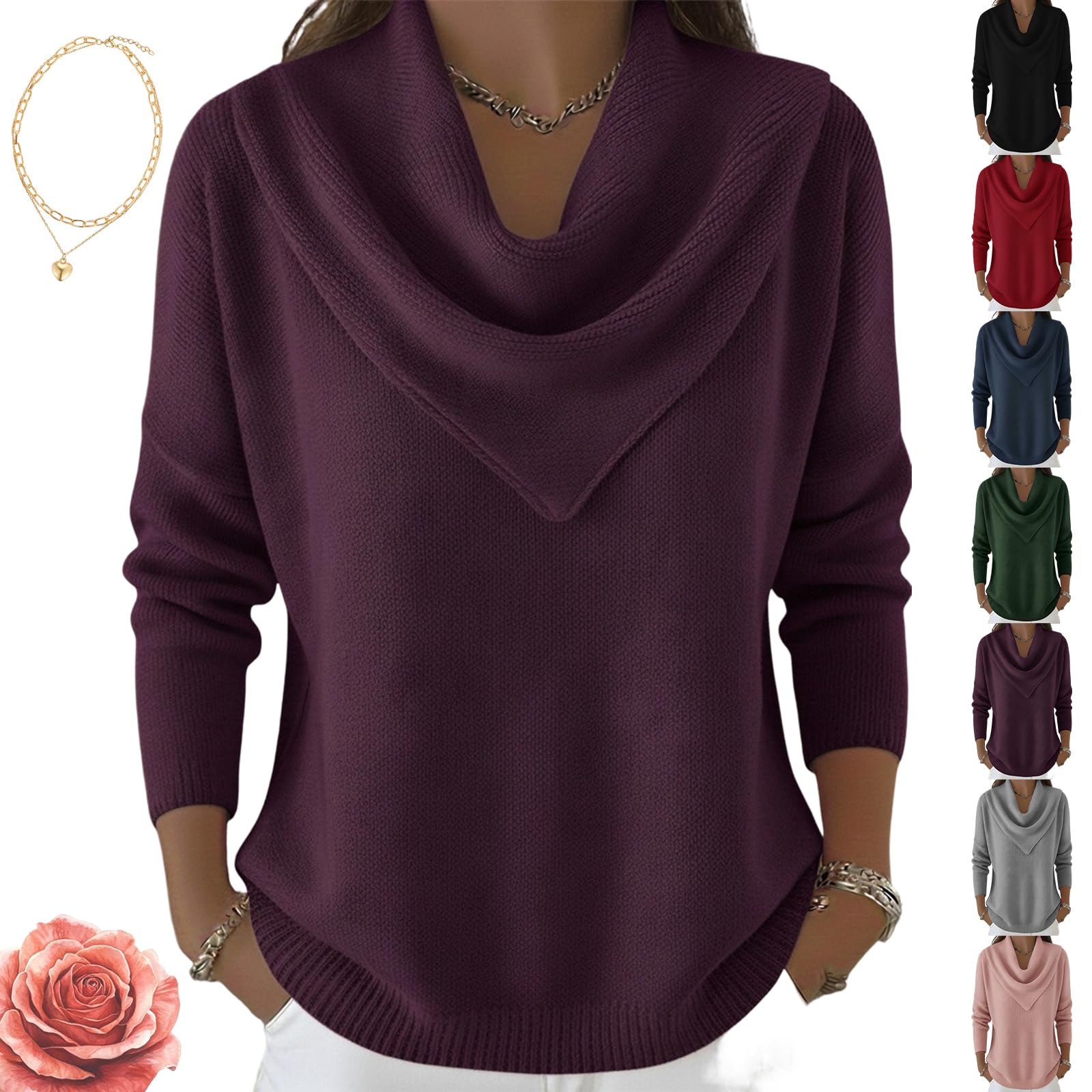 Elegant Retro Soft Triangle Neck Solid Color Sweater Top Casual Knit Cowl Neck Sweater Women Fall Winter Fashion