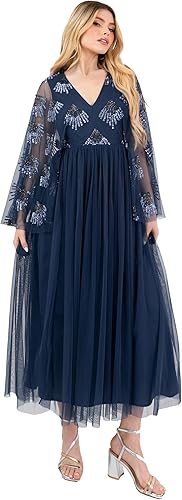 Maya Deluxe Women's Midaxi Dress Ladies V-Neck Long Wide Angel Sleeves Sequin Em