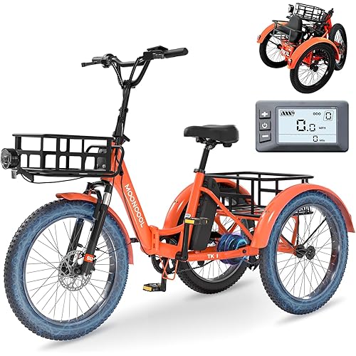 MOPHOTO Electric Tricycles for Adults, 3 Wheel E-Bike with 350W/500W/750W Motor, Folding & Cruiser Frame Options, 1/6/7 Speed, 15.5Mph, 36V 10.4Ah/48V 14.5Ah/48V 15Ah Battery, 20/24/26 Tire Size