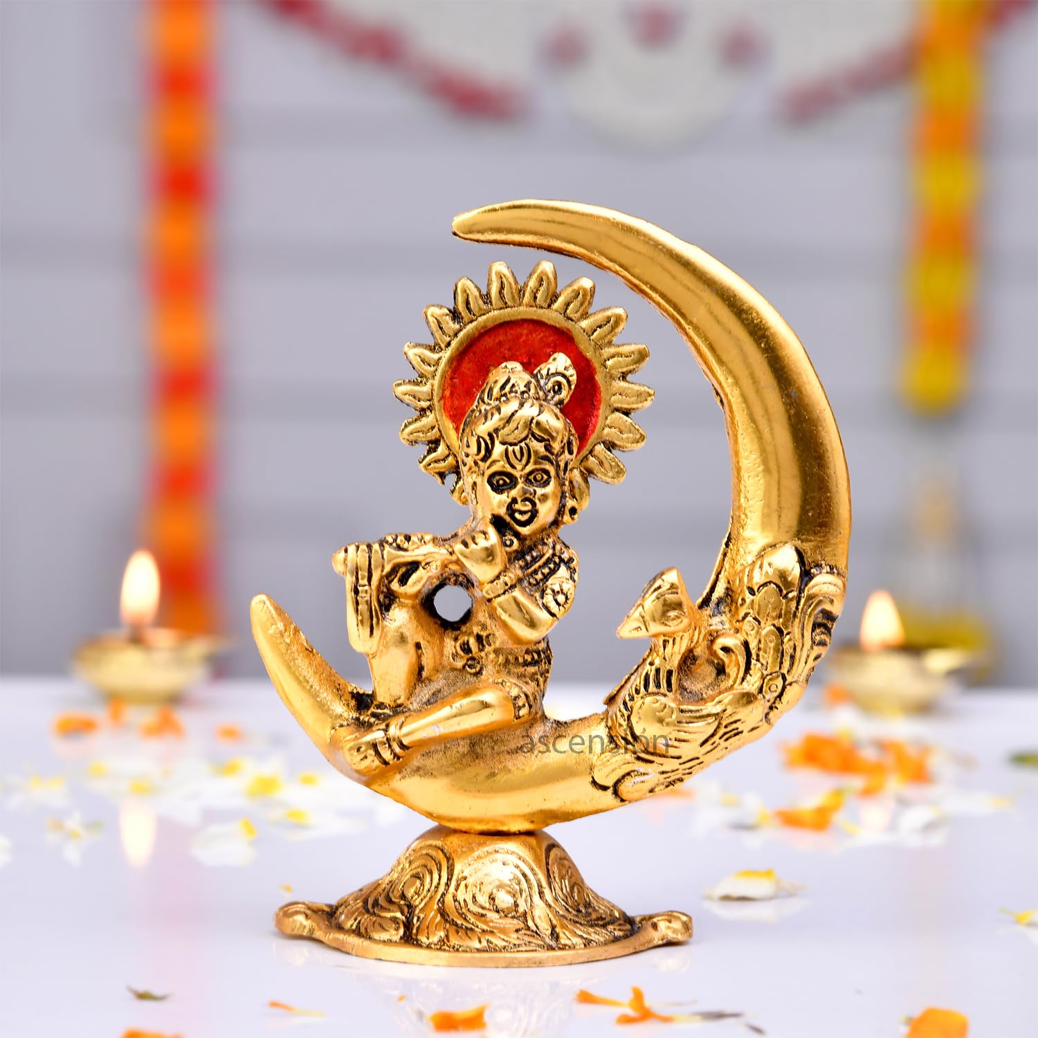 Ascension Gold Plated Metal Handicraft Lord Krishna On Moon Playing Basuri Flute Home Decor Idol for Puja and Office Shop Counter Decoration Purpose Showpiece Festive Home Office Gifts