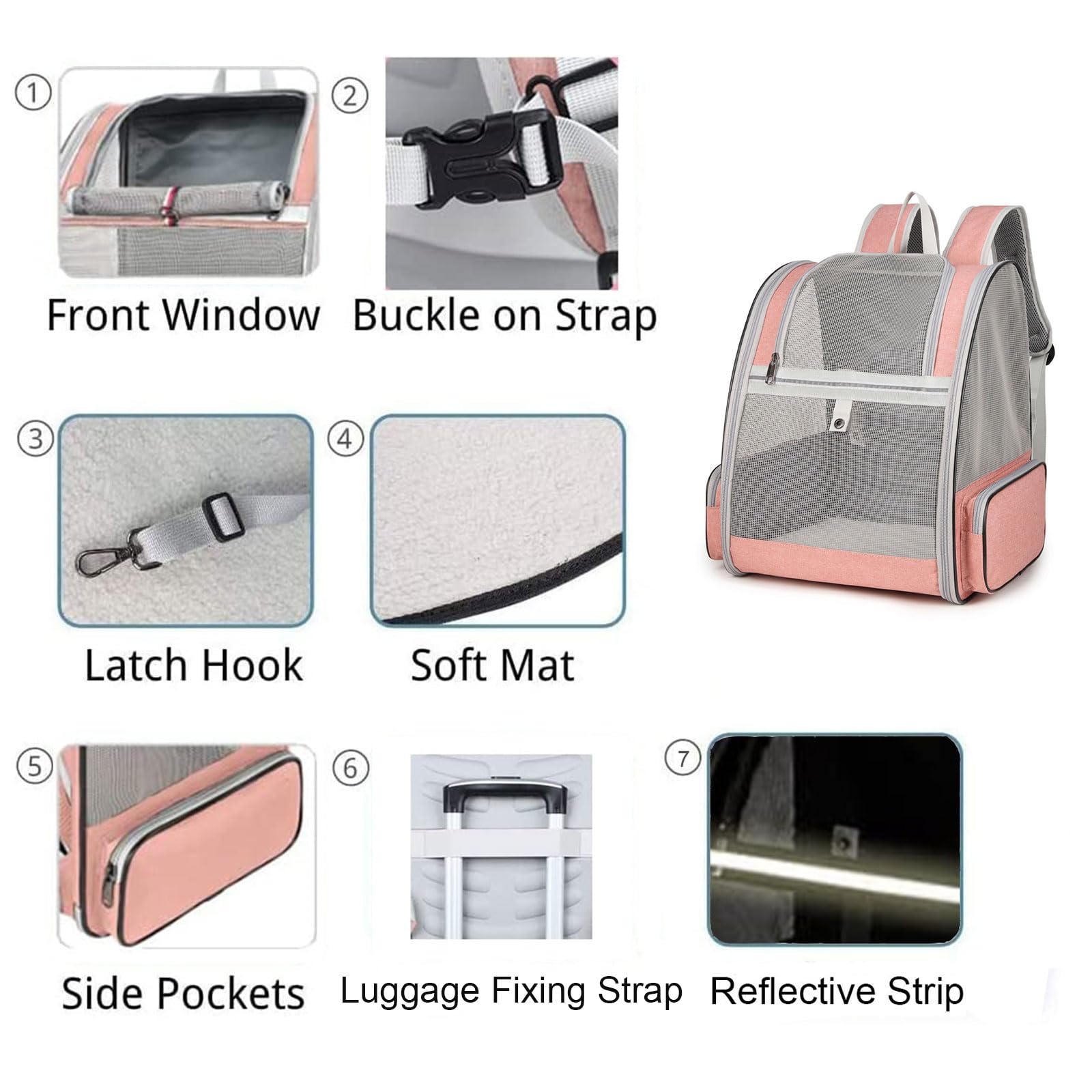 Hunderucksack Katzenrucksack, Haustier Rucksack für Kleine Hunde Welpen bis 6kg Katzenbis 8kg, Atmungsaktive und Faltbar Transportbox mit Fenster und Innerer Sicherheitsleine Wandern, Rosa