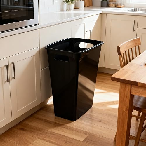 Miniatura 2 de Paquete de 2 cubos de basura de 8.8 galones, cubo de basura de plástico negro con asas y sin tapa, diseño pequeño de parte superior abierta que