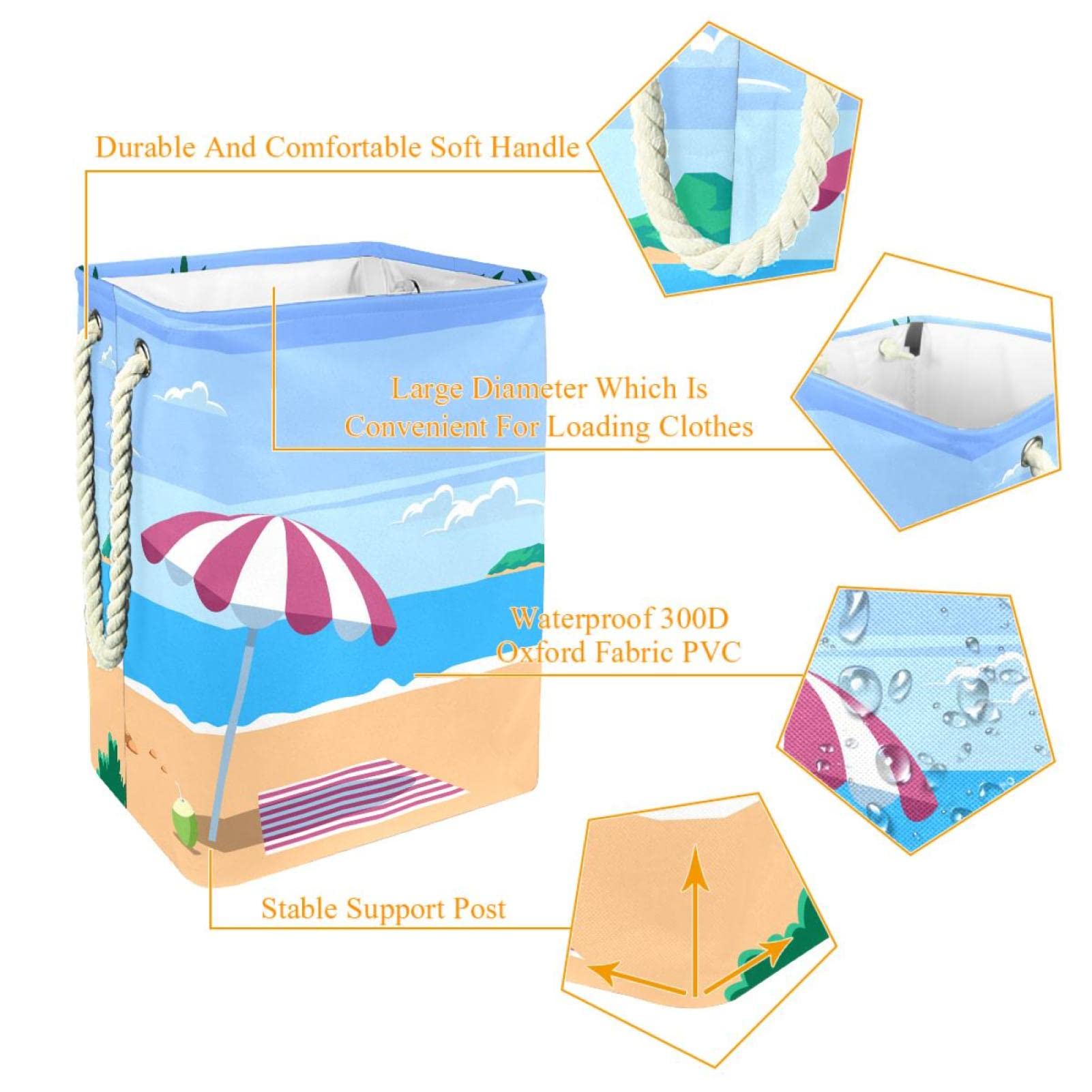 Cesta impermeable para la ropa sucia, cesta de ropa sucia con asa, patrón de playa y paisaje