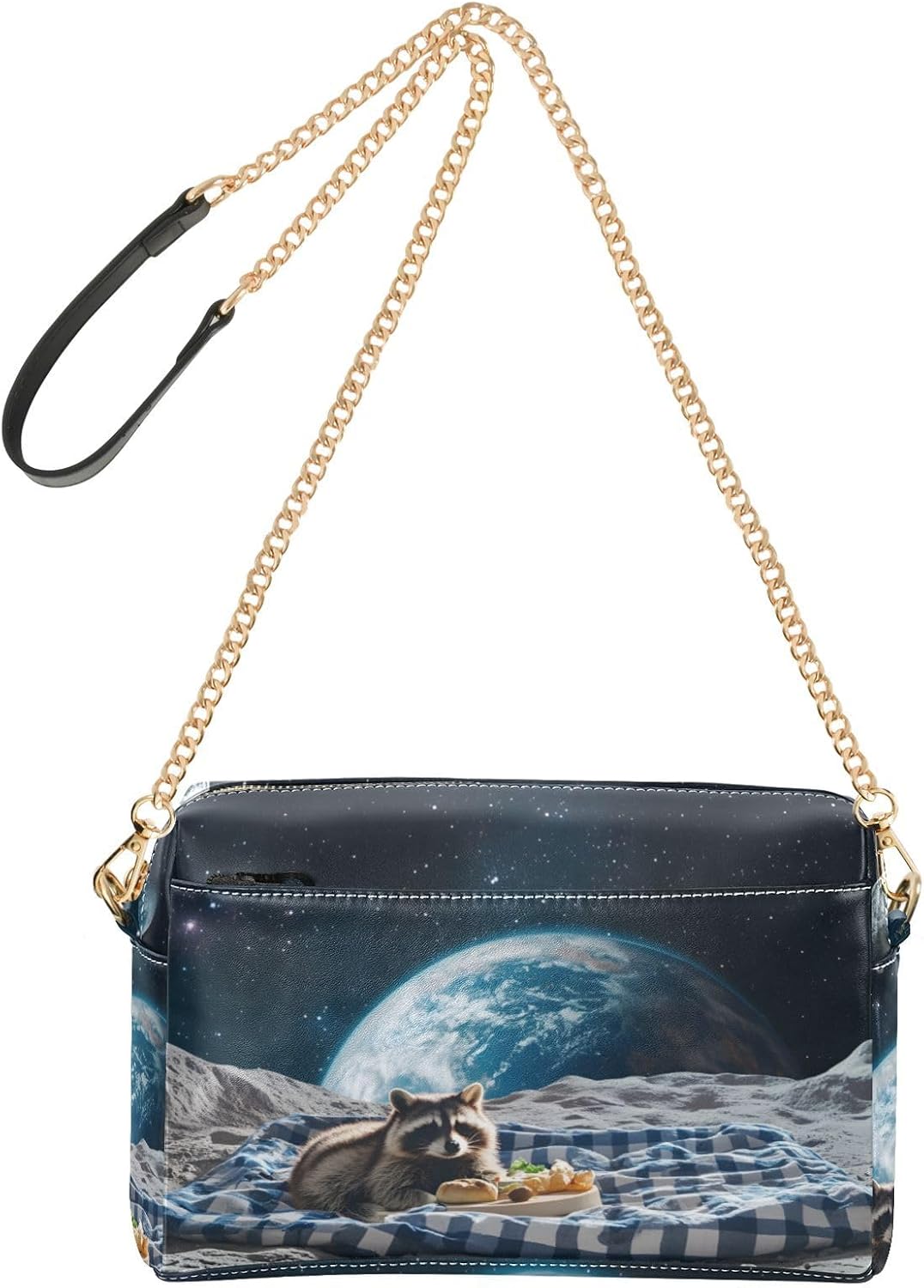 Raccoon on Moon Women's PU Leather Crossbody Bag Shoulder Handbag Cellphone Purse with Metal Chain Strap Water Resistant Zipper Closure