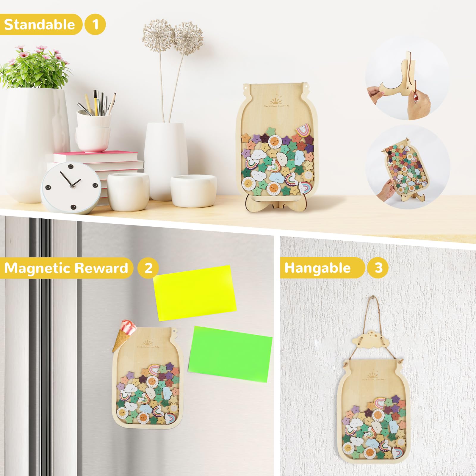 Reward Jar, Star Jar Reward System for Children Behavior, Reusable Magnetic Reward Jar with Star Tokens, Wooden Reward Chart for Inspiring Kids Good Behaviour Home School Classroom (Stern) - Image 4