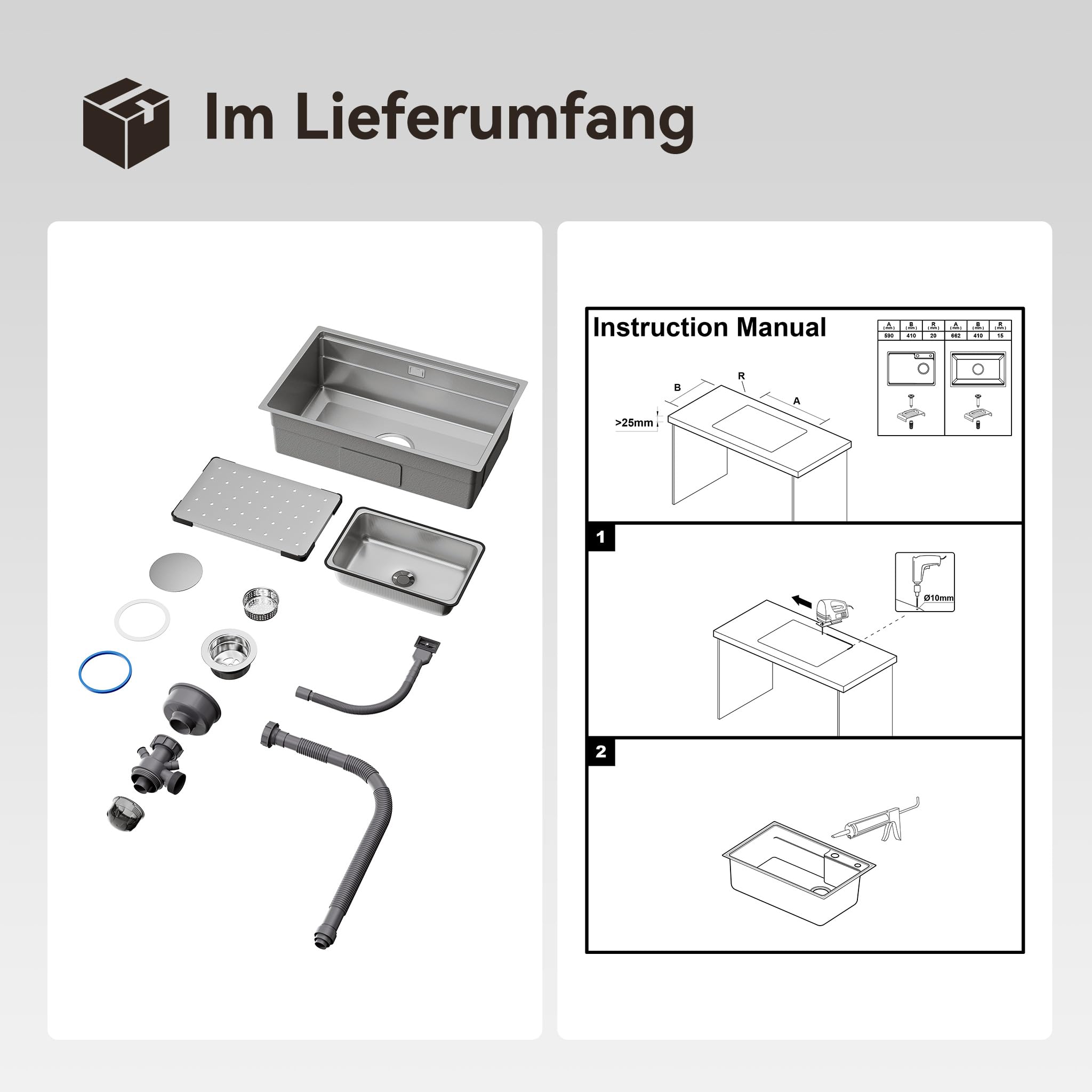 HOROW Spülbecken Edelstahl Multifunktionale 70 × 45 cm mit Siphon Set | Küchenspüle inkl. Schneidebrett und Ersatz-Innenspüle, Großes Fassungsvermögen, ideal für die Familienküche, Schmutzabweisend