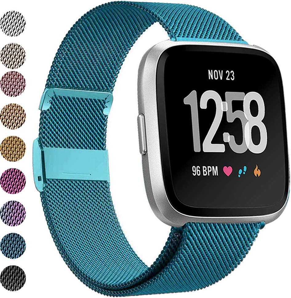 MEFEO Compatible with Fitbit Versa Bands, Stainless Steel Metal Band Mesh Bracelet with Strong Magnet Lock Wristbands Replacement for Fitbit Versa/Versa 2/Versa Lite/SE (Coral Blue, Small)