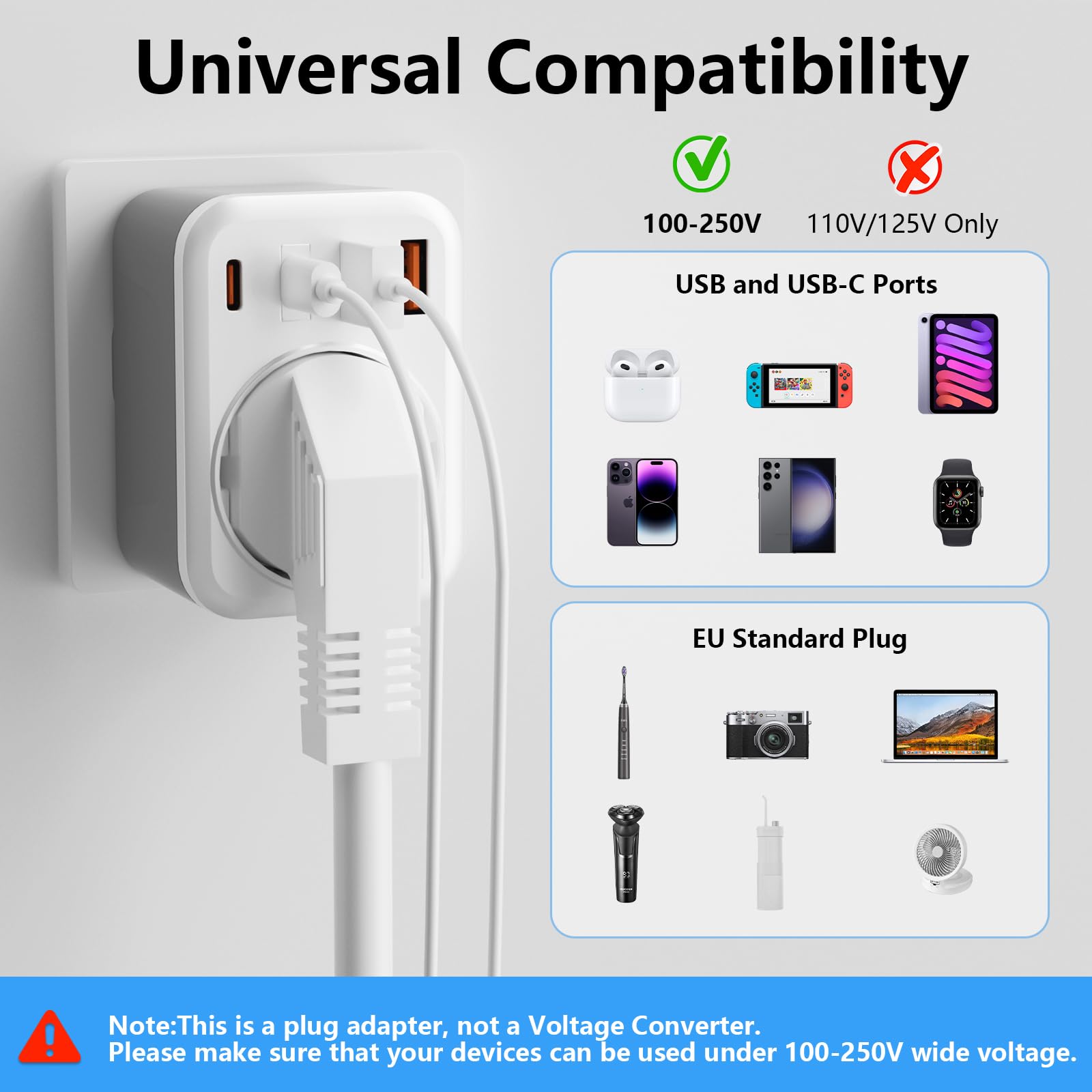 5 en 1 Adaptateur Prise USA,Adaptateur Prise Canada avec 2 USB-A et 2 USB-C et 1 Prise Européenne pour Canada, Mexique,Thaïlande(Type B)