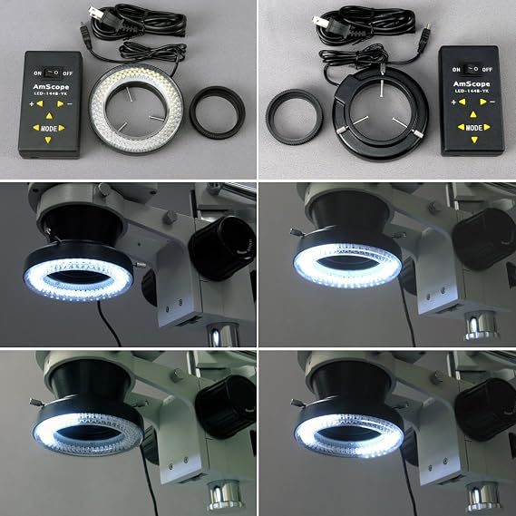 AmScope 3.5X-90X Trinocular Stereo Microscope with 4-Zone 144-LED Ring Light + 5MP Camera