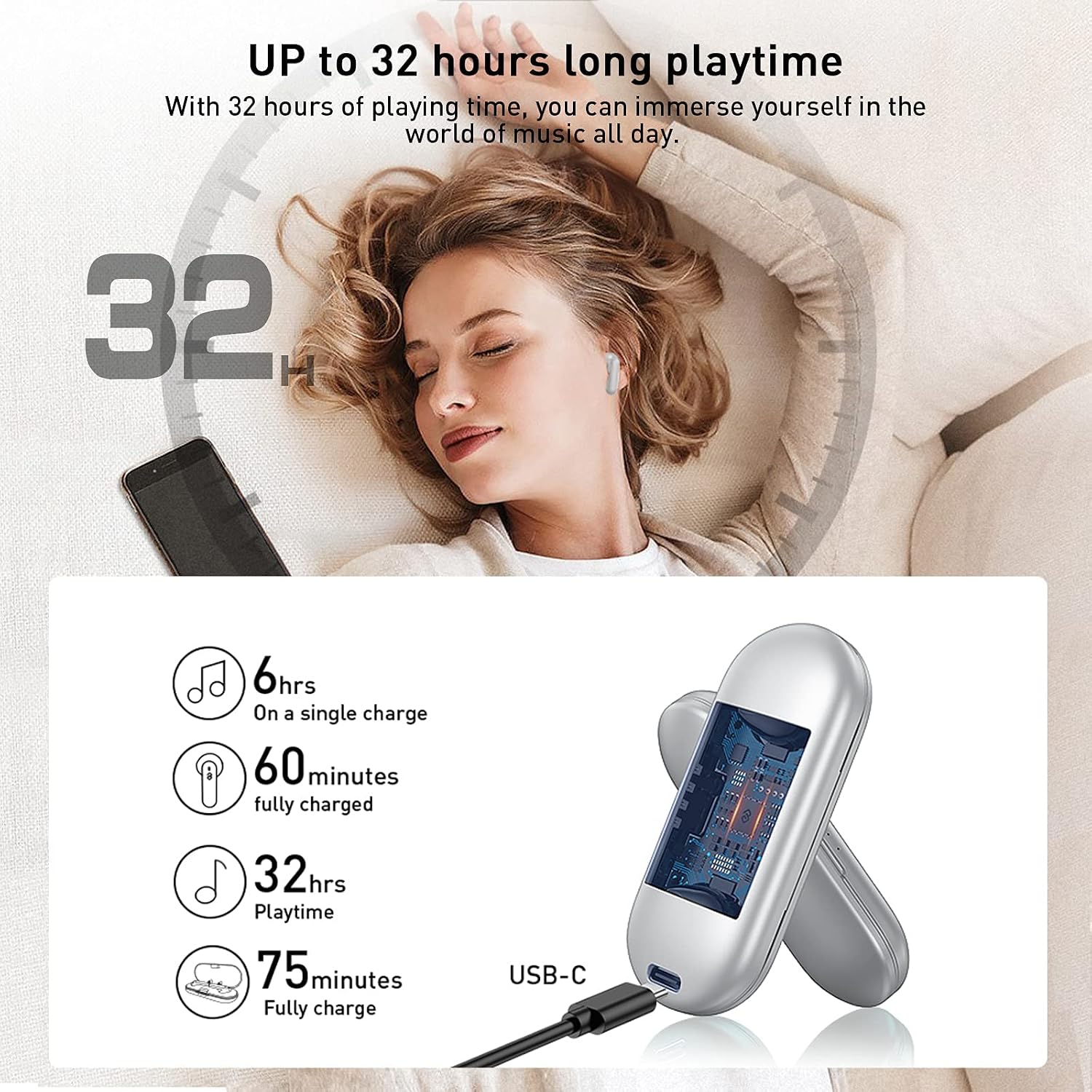 eppfun True Wireless Earbuds, Bluetooth 5.2 in-Ear Headphones, Qualcomm AptX-Adaptive HiFi Earbuds, Touch Control 4-Mic Headset & CVC 8.0 Noise Cancellation,Game Mode Earphones, 32H Playtime, Silver