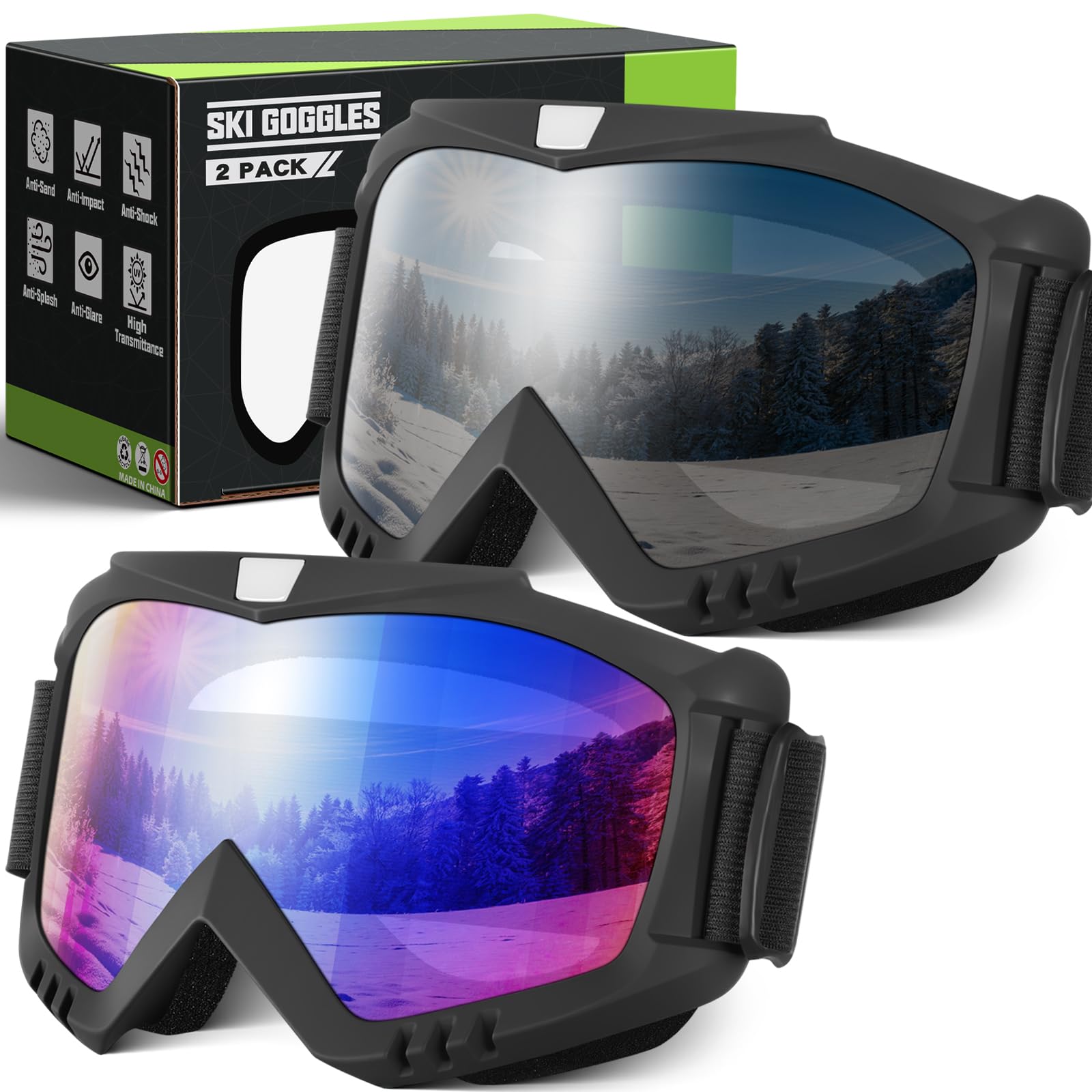 Ski Goggles Men Women, Snowboard Goggles UV Protection Anti Fog OTG Snow Goggles for Snowmobile Skiing Skating