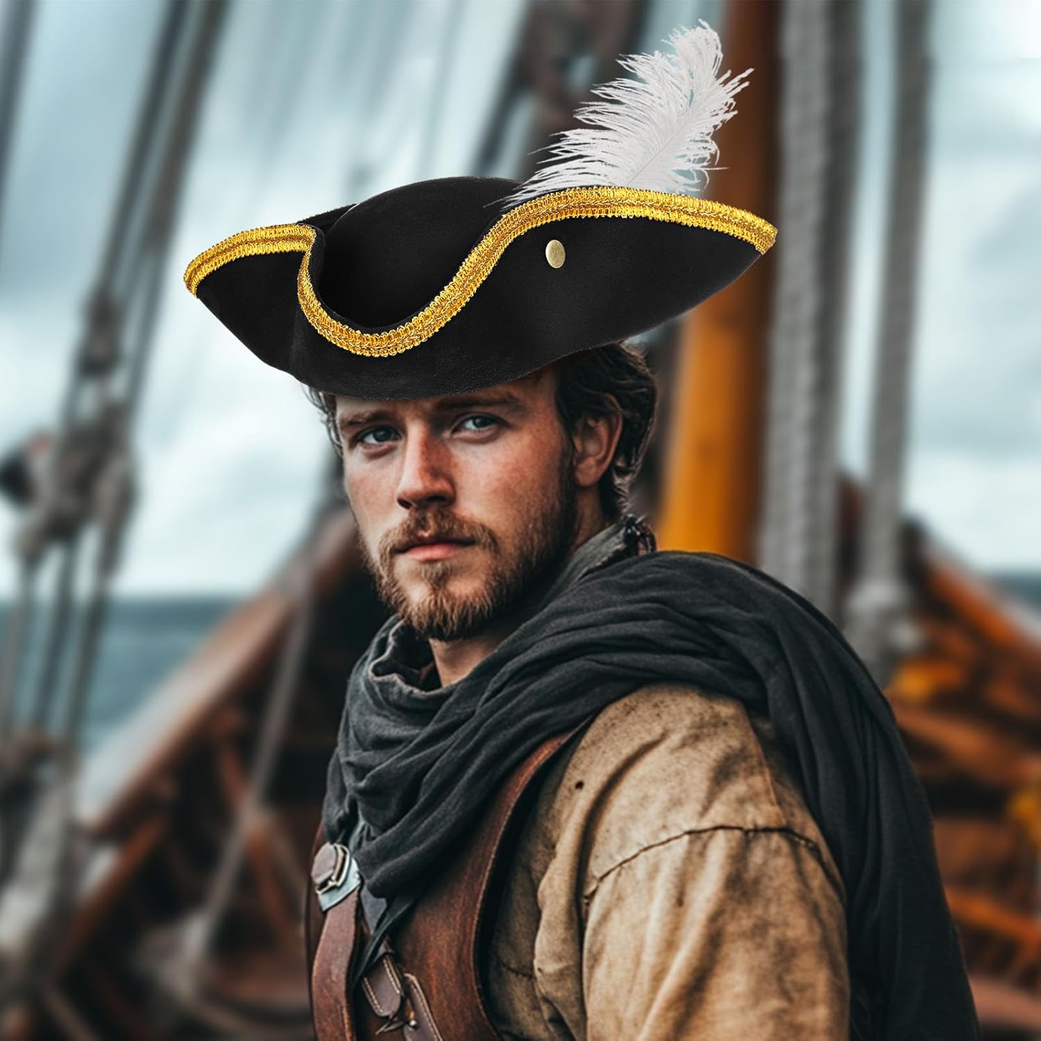 Tricorn Pirate Hat with Feather Black Colonial Hat for Women Men Halloween Costume - Image 6