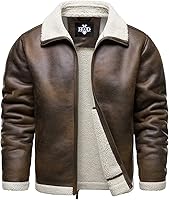HOOD CREW Men's Vintage Distressed Faux Leather Bomber Jacket with Shearling Collar - Warm Winter Motorcycle Biker Coat