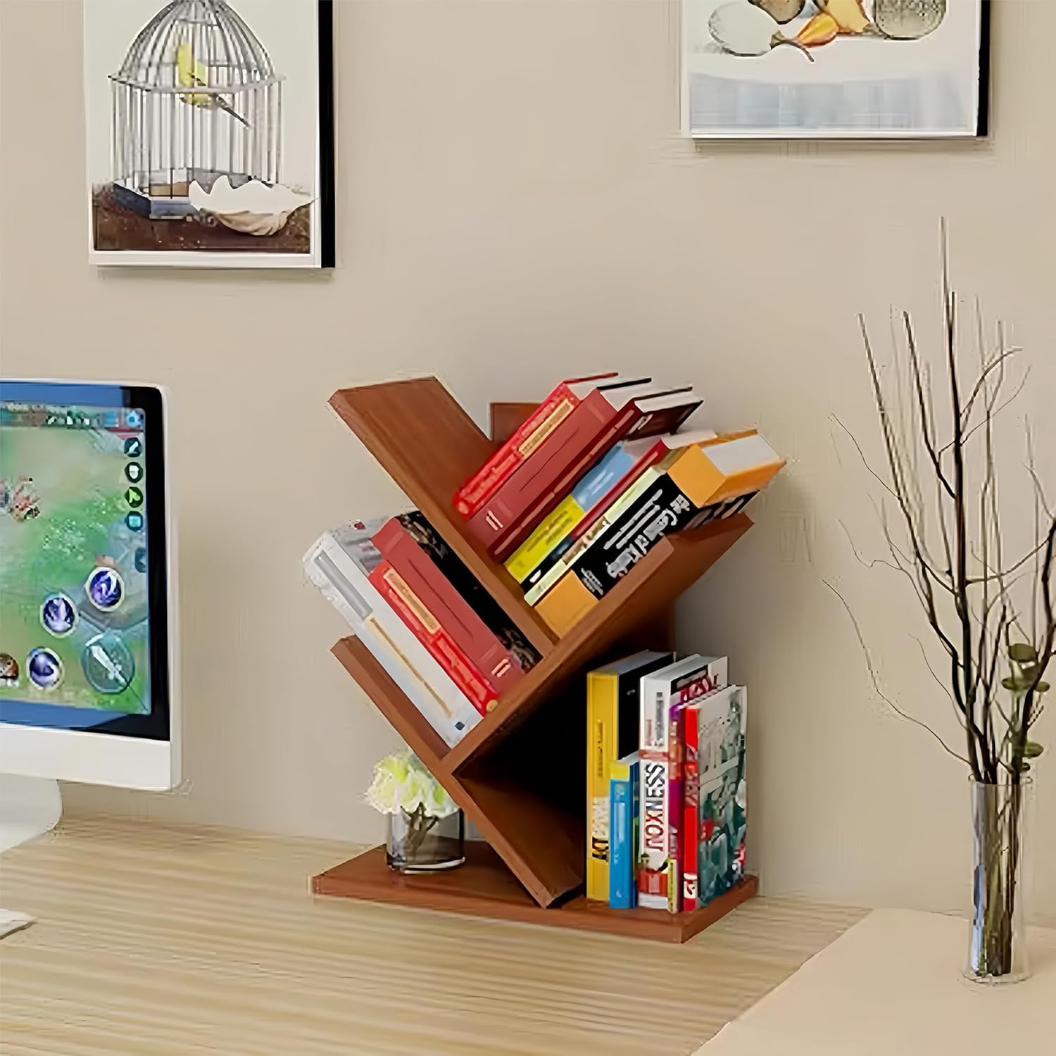 Godferyxin Tree Bookshelf,Small Bookshelf,3 Tier Wood Mini Book Shelf and Book Tree for Office, Home or School Desktop Book Shelf for for Displaying Books, CDs, Magazines Wood Storage Rack