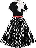 ODIZLI 50s Vintage Swing Dress for Women - Short Sleeve Tie Neck Midi Prom Dress with Removable Belt