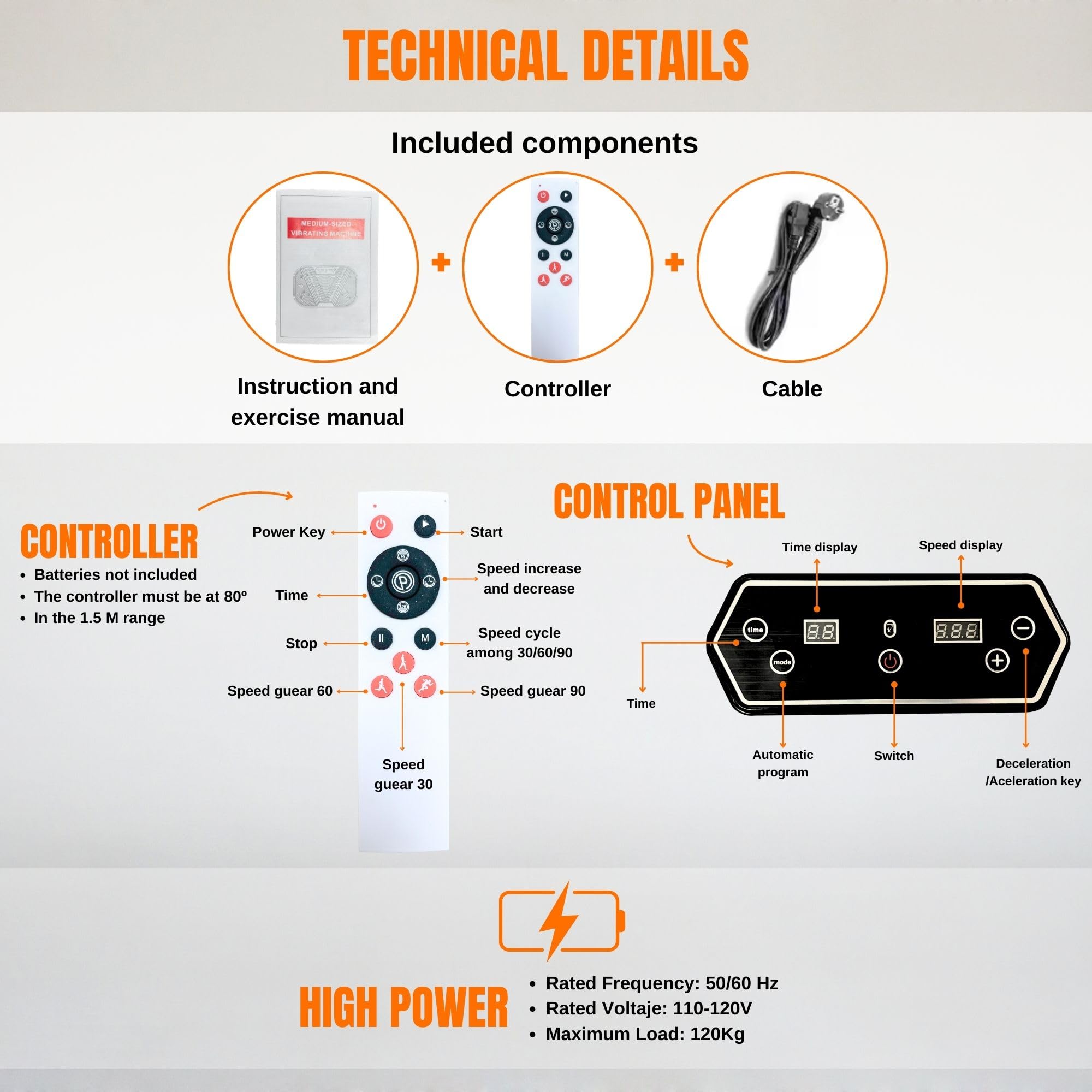 Plataforma Vibratoria Muscular, 120 Niveles de Vibración y 8 Programas. Maquina de Vibración Fitness para Hacer Ejercicio en Casa, con Mando a Distancia, Cable y Pantalla LED.