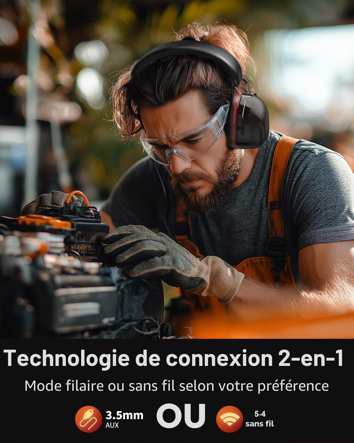 Doohoeek Casque de protection auditive Bluetooth 5.4 avec batterie rechargeable de 1200 mAh, 120 heures d'autonomie, 30 dB SNR, cache-oreilles avec réduction du bruit pour tondre, travail du bois