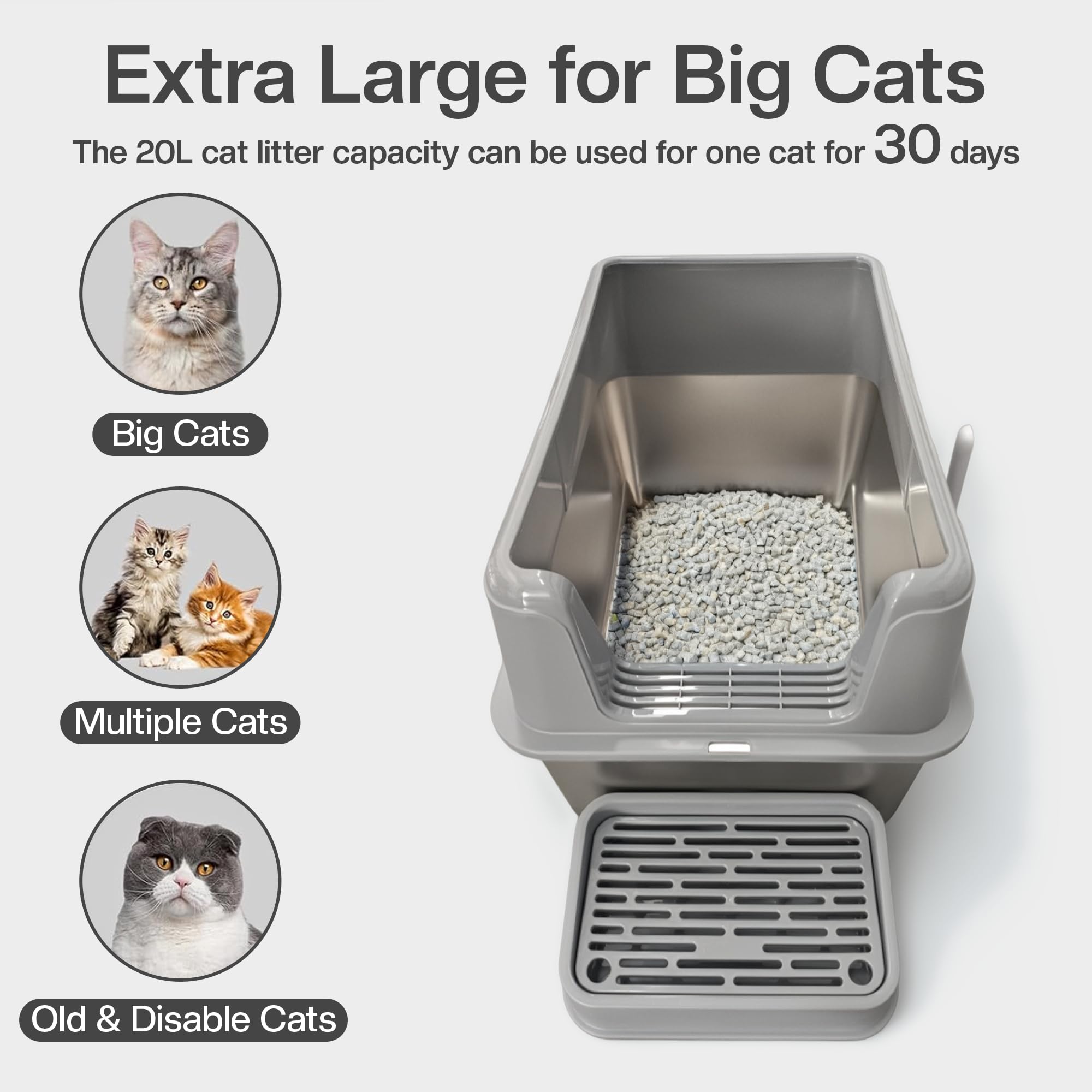 Stainless Steel Litter Box Extra Large Enclosed Cat Metal Litter Box with Lid for Big Cats High Sided Anti-Urine Leakage Non-Stick Bottom & Includes Pedal & Metal Scoop with Liner Gray - image 2