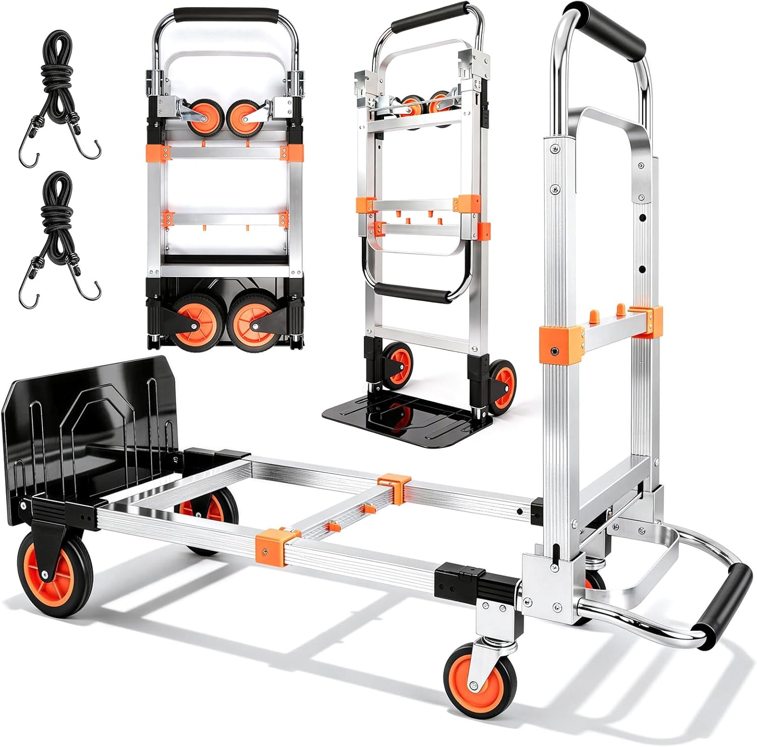 3 in 1 Aluminum Folding Hand Truck Dolly Cart with Wheels, Convertible Heavy Duty Dolly Cart, Collapsible Hand Trucks for Moving Furniture Shopping for Garden Home Office Warehouse,500lb Load(Orange)