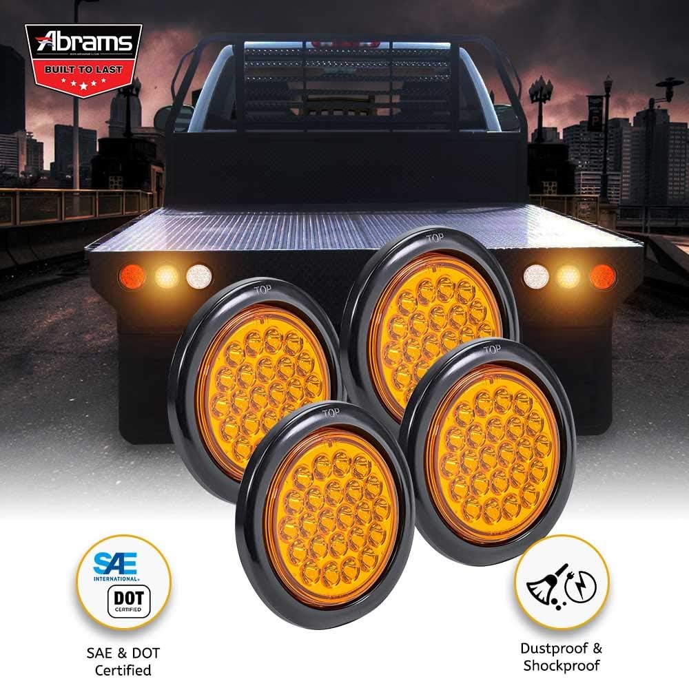 4" Inch Amber LED Trailer Tail Light - Round Truck Park Turn Signal Lights DOT Approved IP67 Waterproof RV Semi Truck Taillight 24 Bright LEDs With Colored Lens, Grommet & Plugs Included - 4 Pack