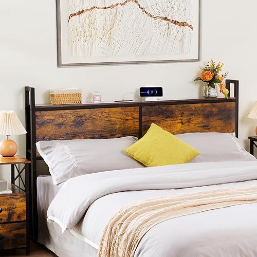 LOAKEKEL Cabecera tamaño Queen, cabecera de metal y madera con estación de carga, tableros con estante de almacenamiento para dormitorio, altura