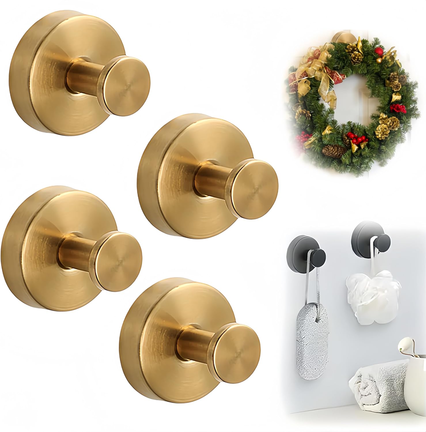 Suction Cup Hooks for Wreaths on Glass, Upgrade No Drill Towel Hooks Stainless Steel Waterproof Suction Cup Hooks Shower Towel Holder, Wreath Hanger for Front Door for Kitchen, Bedroom (4, Gold)
