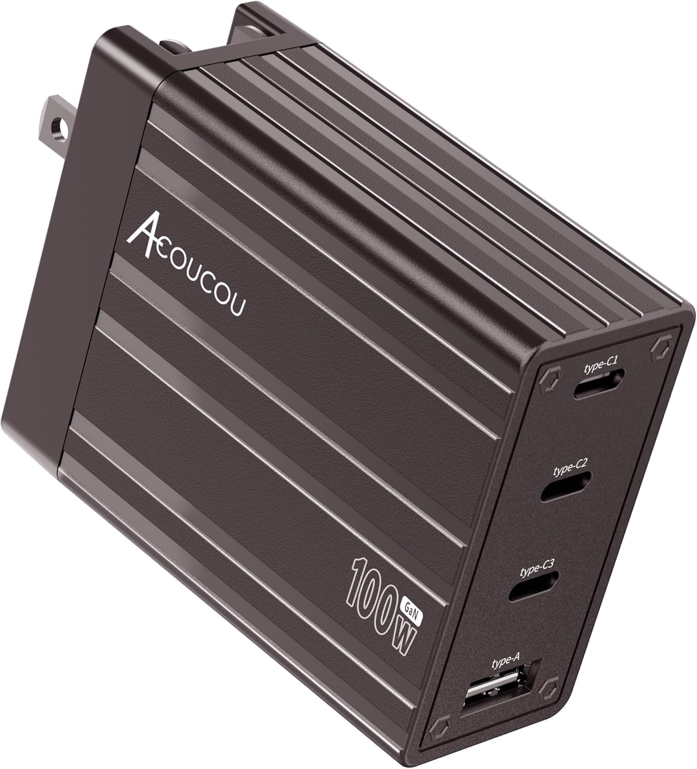 100W USB C Charger，4-Port Fast GaN Charger，Acoucou Compact Foldable wall Charger Block for MacBook Pro/Air, iPhone 17/16/15, Laptop Tablet