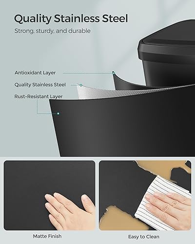 Miniatura 8 de SONGMICS Cubo de basura para cocina, 13 galones (50 L) de acero inoxidable, con tapa que permanece abierta y pedal para pisar, cierre suave, alto,