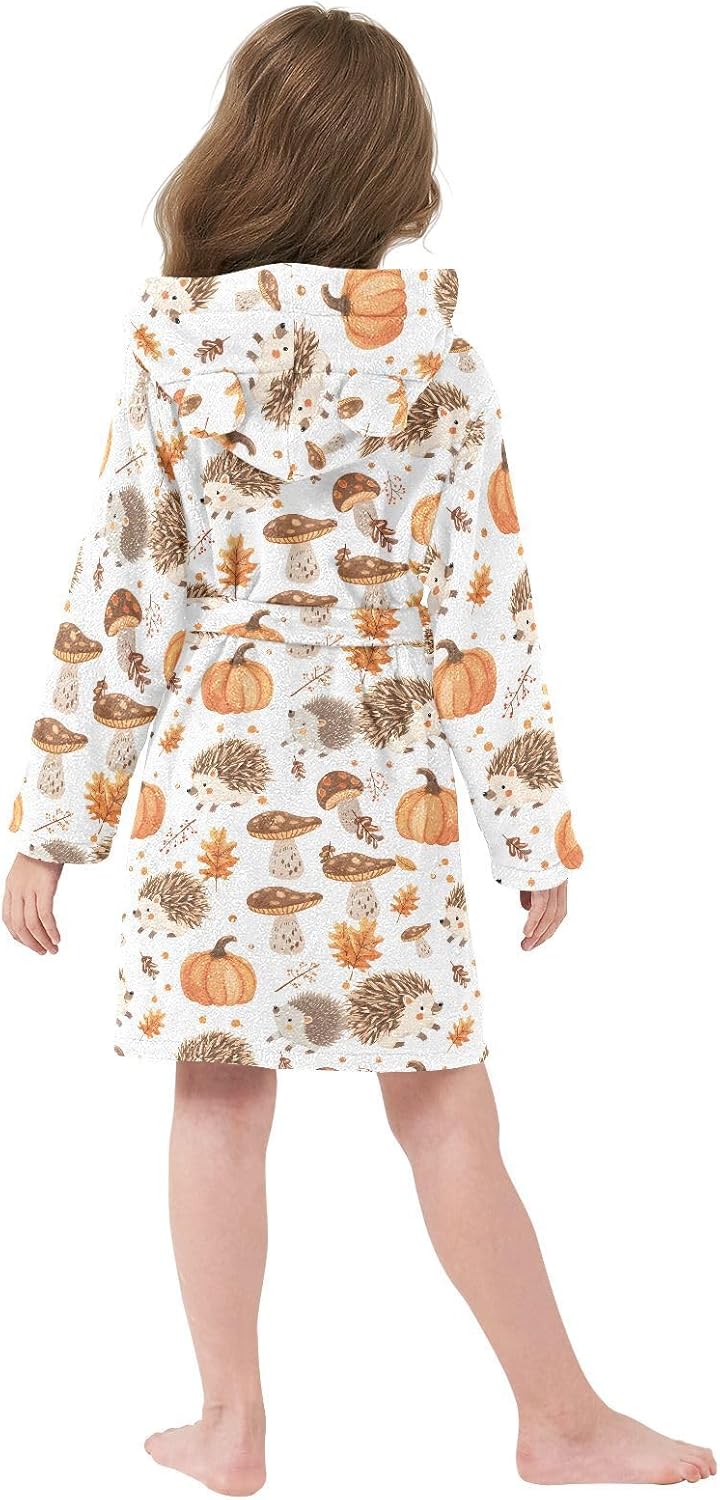 senya Hedgehog and Pumpkin Toddler Hooded Bathrobe Kids Soft Plush Bath Towel Robes for Boys Girls 2-12 Years