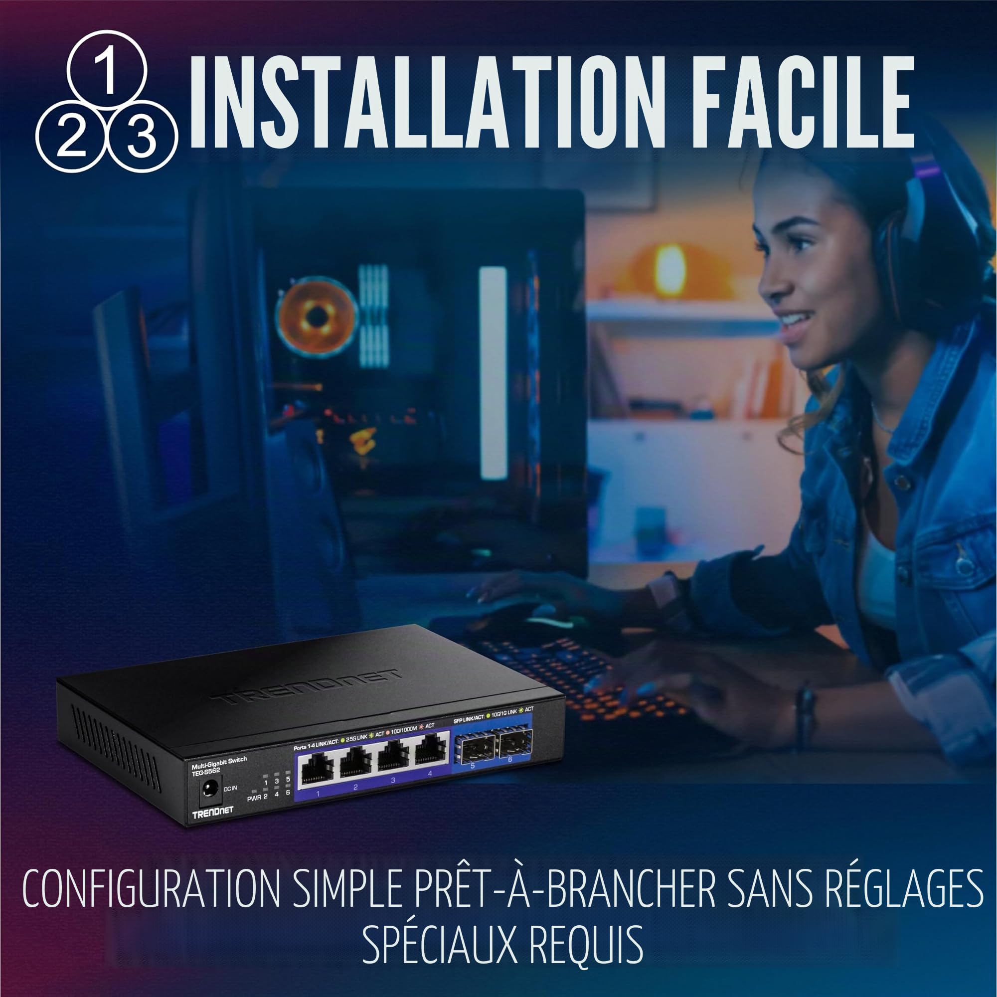 TRENDnet, TEG-S562, Commutateur Multi-Gig Non géré à 6 Ports, 4 Ports 2,5GBASE-T, 2 Ports SFP+ 10G sans Ventilateur, Conception de Bureau compacte, boîtier en métal, commutateur réseau Ethernet, Noir
