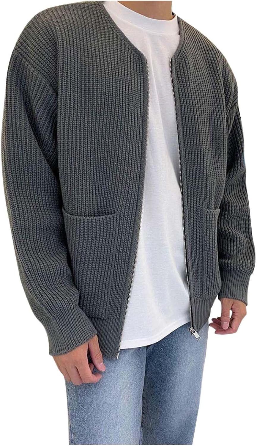 Mens Cardigan Sweater Casual Long Sleeve Knit Sweaters, Men's Knit Crew Neck Full Zip Sweater, Long Sleeve Pocket Sweaters