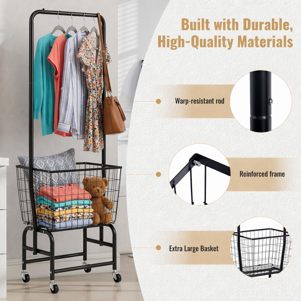 ALIMORDEN Rolling Laundry Cart with Hanging Rack & Extra Large Basket,Black | Extra deep metal basket, 360° lockable casters, powder coated frame for laundry room & bedroom storage