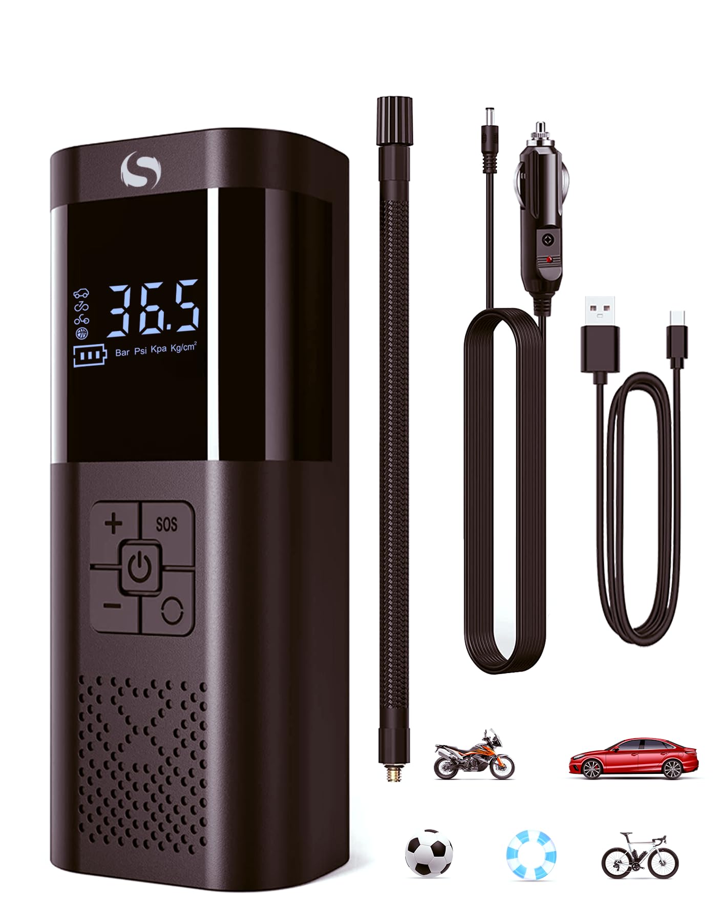 Compressore Aria Portatile, Gonfiatore Elettrico Portatile 150PSI, Compressore Auto con Funzione di Arresto Automatico, Display Digitale e Luce LED, per Auto, Moto, Biciclette, Palloni