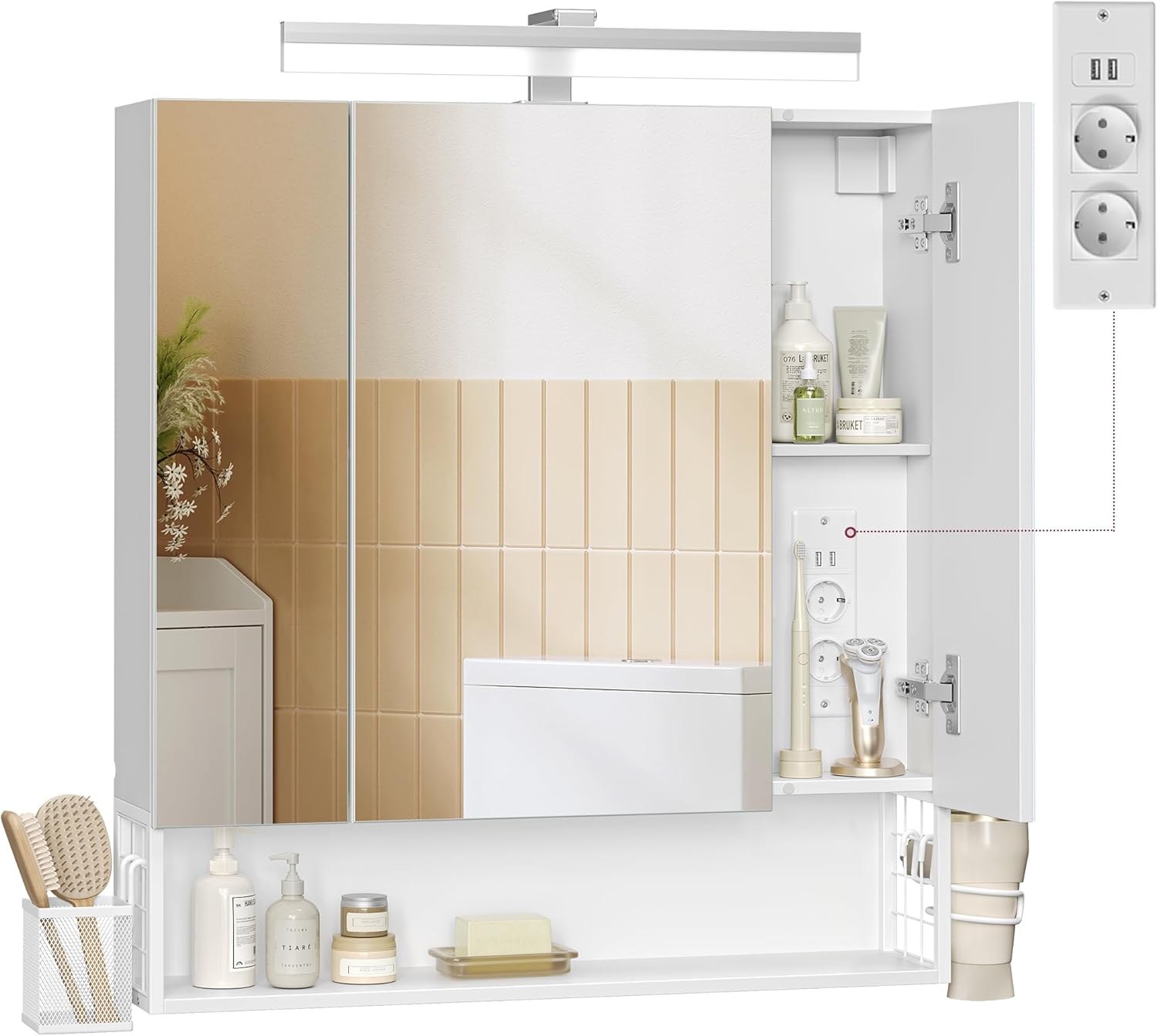 VASAGLE Spiegelschrank Bad mit Beleuchtung, 16,5 x 70 x 75 cm, Steckdosen, Hängekorb, Haartrockner-Halter, Spiegelschrank, Badschrank, Wandschrank, für Badezimmer, wolkenweiß BBK126W01