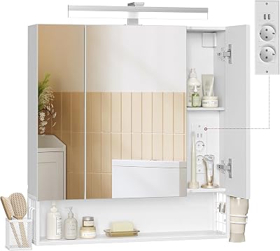 VASAGLE Spiegelschrank fürs Bad mit drei Spiegeltüren, LED-Beleuchtung und Steckdose