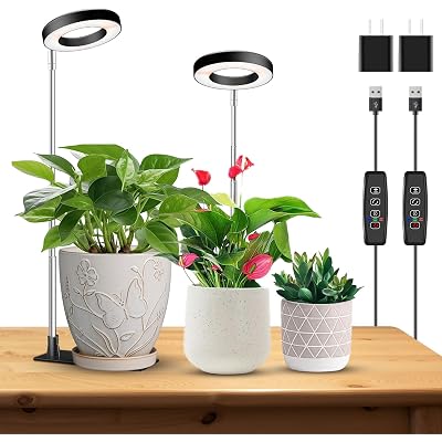 Kullinss Grow Light, 48 LEDs Full Spectrum Plant Lights for Indoor Growing, Halo Plant Light with 3/9/12H Timer, 3 Color Modes, 10 Brightness, Height Adjustable Grow Lamp for Small Plants (2 Pack)