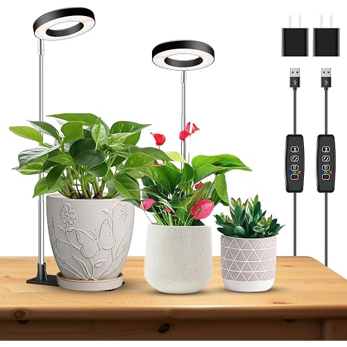 Kullinss Grow Light, 48 LEDs Full Spectrum Plant Lights for Indoor Growing, Halo Plant Light with 3/9/12H Timer, 3 Color Modes, 10 Brightness, Height Adjustable Grow Lamp for Small Plants (2 Pack)