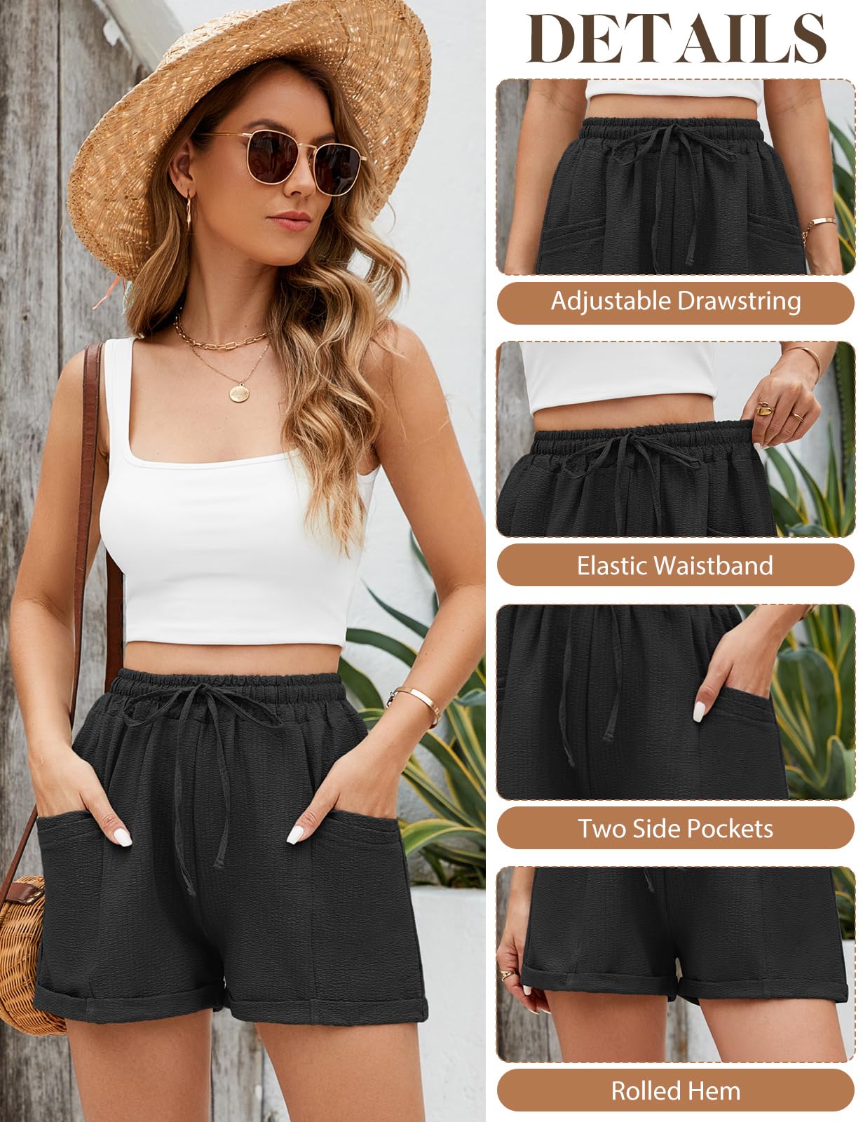 PASUDA Pantaloncini Donna Estivi Casual Vita Alta Pantaloni con Coulisse Pantaloncini Corti Leggero Larghi Tinta Unita Pantaloni Sportivi con Tasche