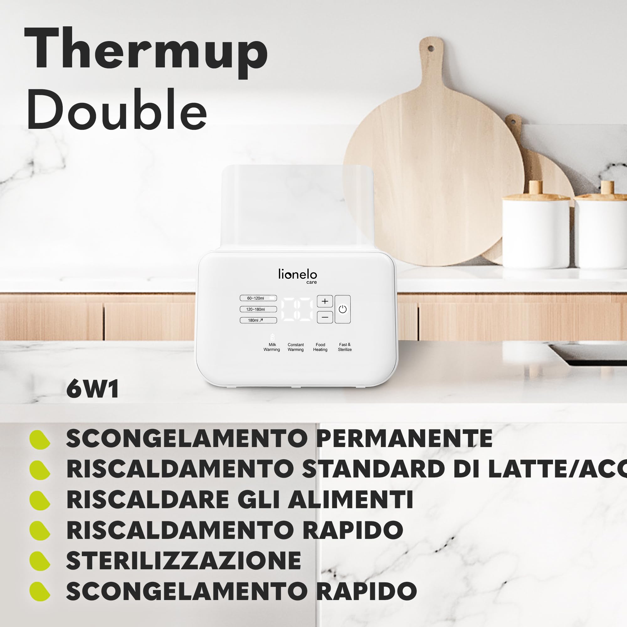 LIONELO Thermup Double scaldabiberon elettrico doppio, Sterilizzatore, scalda pappe e biberon, scongelamento latte, riscaldamento rapido 3-5 minuti, 6 funzioni