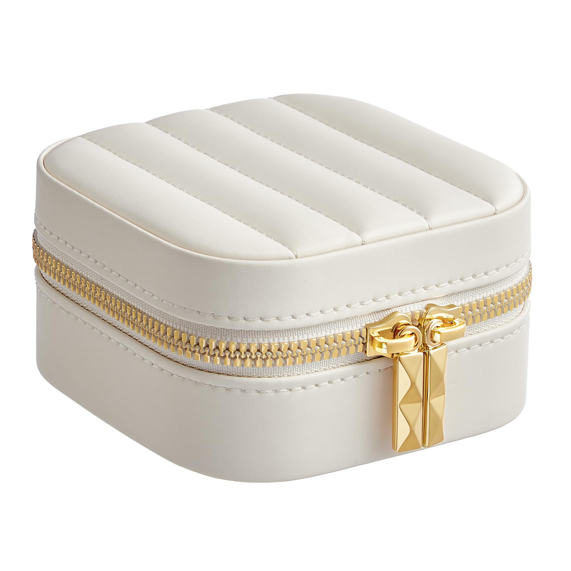 SONGMICS HOME ANAH Collection JBC179W01 Travel Jewellery Box, Small Jewellery Box with Mirror, 10.5 x 10.5 x 6 cm, PU with Stitching, Portable, Gift Idea, Cloud White