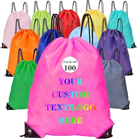 Custom Bags With Your Logo Set of 100 Custom Backpack Draw String Bags Pack Bulk for Travelling Swimming Gym Everyday Use (Peach)
