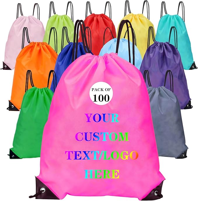 Custom Bags With Your Logo Set of 100 Custom Backpack Draw String Bags Pack Bulk for Travelling Swimming Gym Everyday Use (Peach)