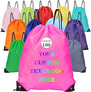 Custom Bags With Your Logo Set of 100 Custom Backpack Draw String Bags Pack Bulk for Travelling Swimming Gym Everyday Use (Peach)