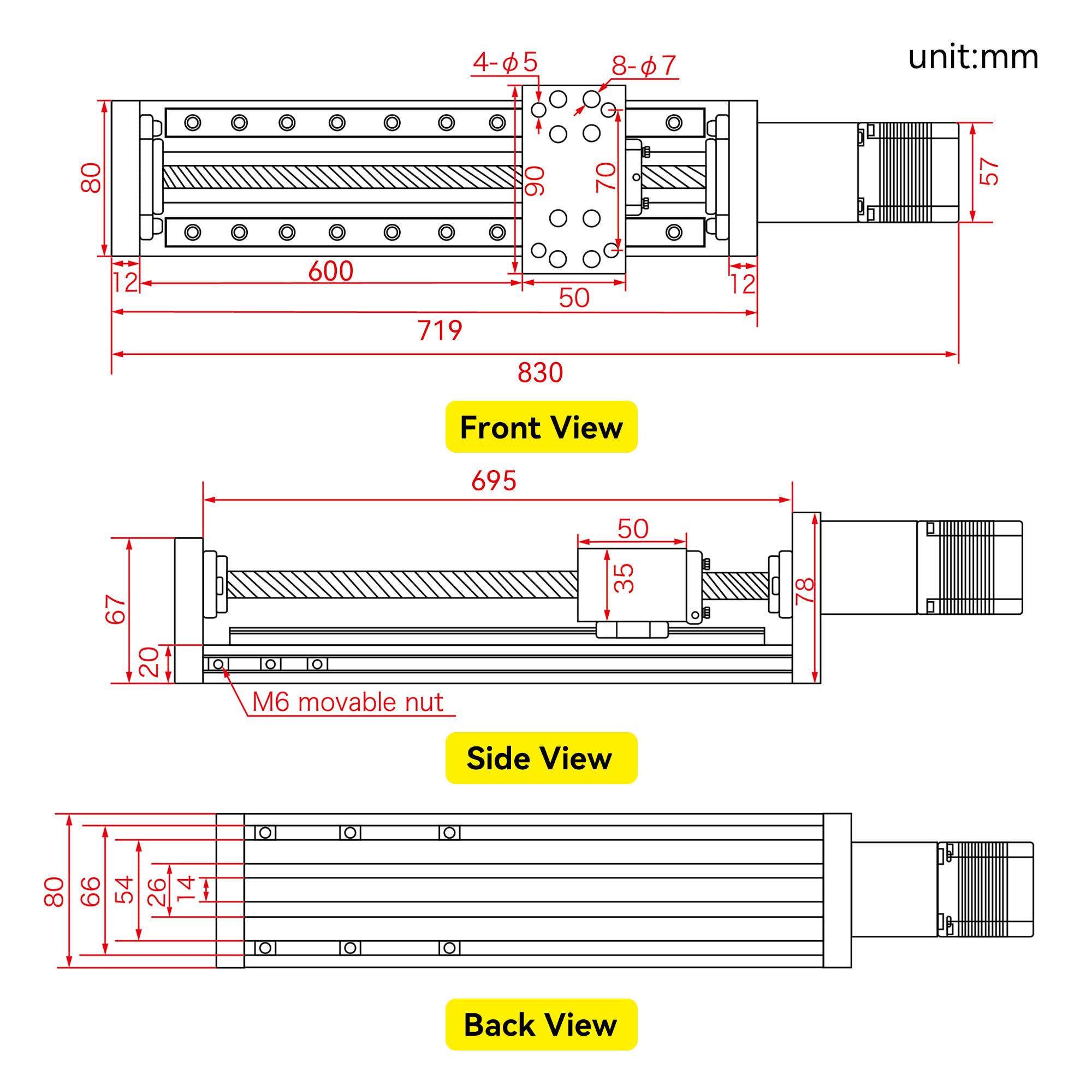 RATTMMOTOR Guide linéaire CNC, course efficace 600 mm, axe X Y Z, actionneur linéaire en alliage d'aluminium, table coulissante linéaire, broche à billes SFU1605 avec moteur pas à pas Nema23